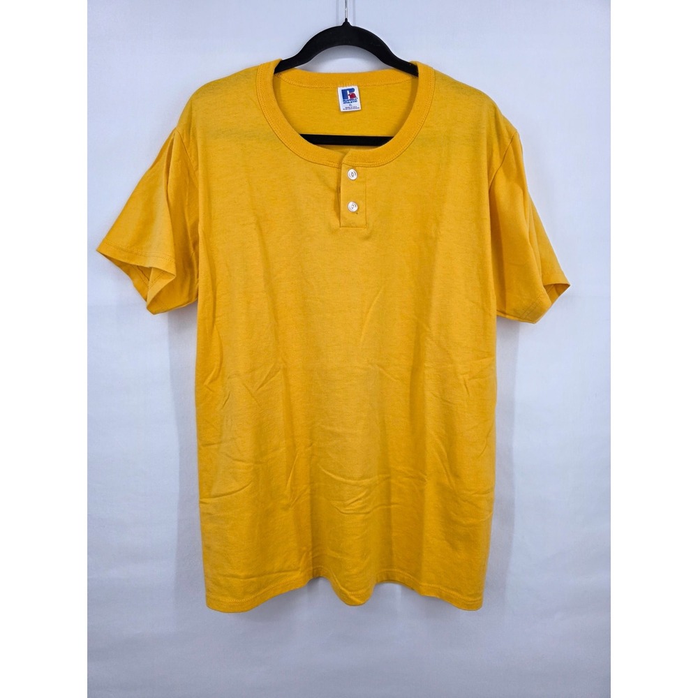 Vintage Russell Athletic Henley Shirt Mens XL Yellow Short Sleeve Made in USA